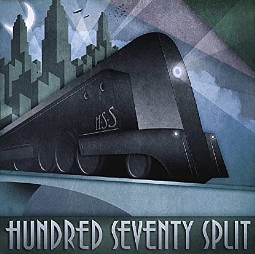 "Album cover featuring a futuristic train with cityscape and moonlit sky."
