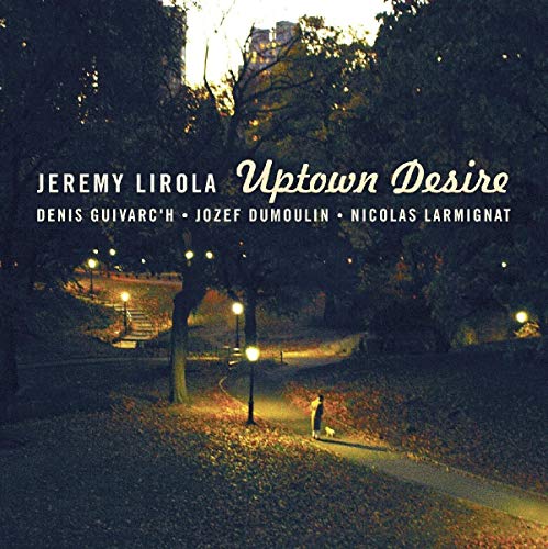 "Album cover with a person walking a dog on a lit park path at night."