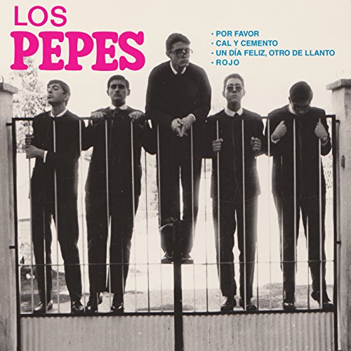 Black and white vinyl album cover featuring five men standing behind a railing.