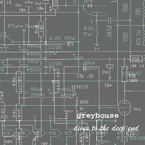 "Grey vinyl record cover with electronic circuit diagram and 'greyhouse dives to the deep end' text."