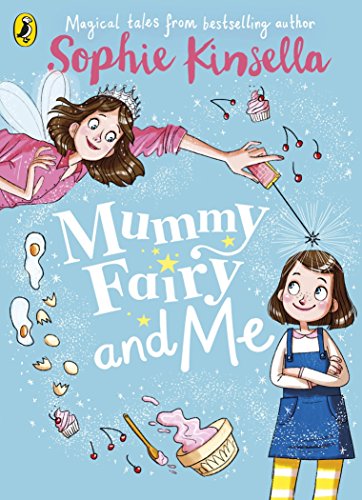 "Book cover featuring a fairy and a girl surrounded by baking-themed illustrations on a blue background."