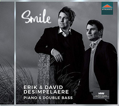 Black and white CD cover featuring two men standing beside a stone pillar.