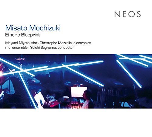 "Album cover with blue neon lights and text on a white background."