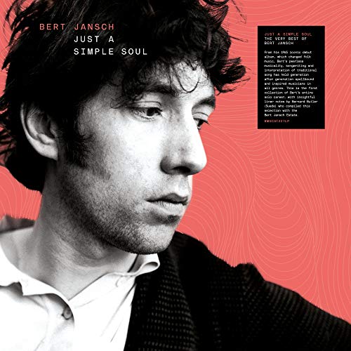 "Album cover featuring a black-and-white portrait of Bert Jansch against a red background."