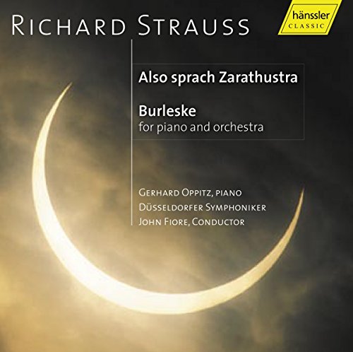 "CD cover with crescent moon and text, featuring Richard Strauss' 'Also sprach Zarathustra'."