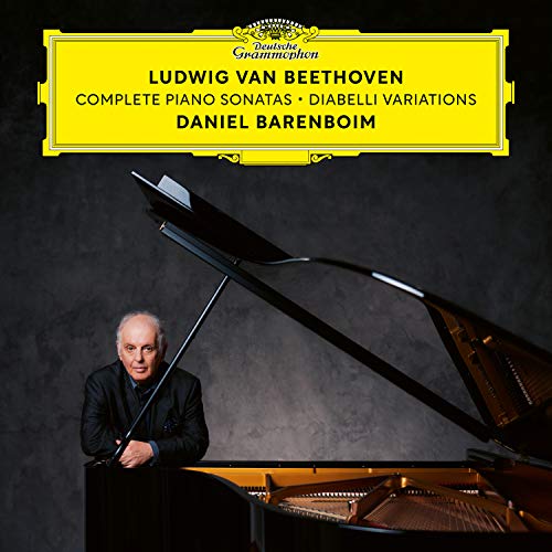 CD cover featuring Daniel Barenboim standing beside an open grand piano with yellow title banner.