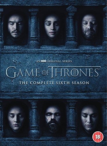 "Game of Thrones season 6 DVD cover featuring character portraits in stone arches, blue-toned."