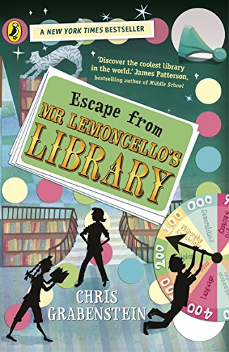 "Book cover with green title card, silhouetted children, and library background."