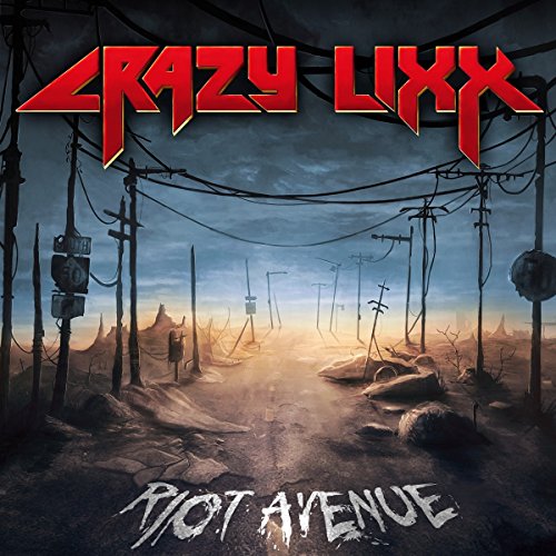 The alt text for the image is: "Vinyl album cover with 'Crazy Lixx - Riot Avenue' and dystopian landscape."