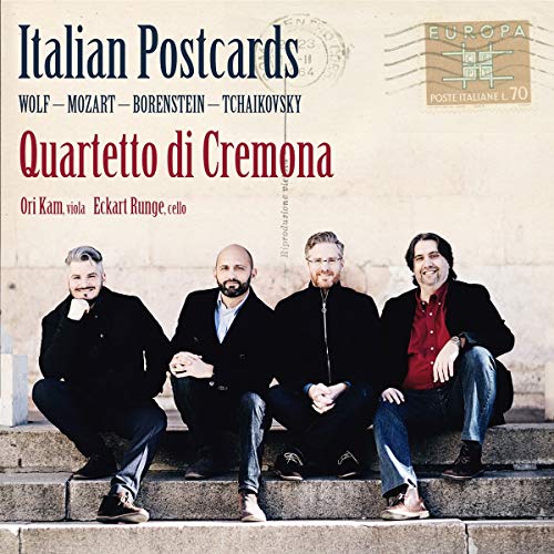 "CD cover featuring Quartetto di Cremona, four men sitting on stone steps."