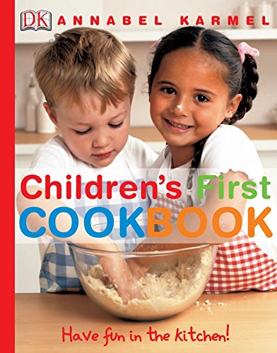 "Children's cookbook cover featuring two children mixing dough in a kitchen."