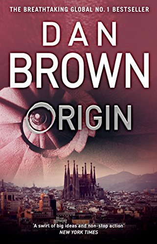 "Book cover: 'Origin' by Dan Brown, featuring a cityscape and a hand holding a sphere."
