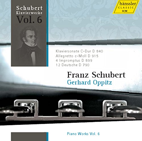 CD cover with piano keys and Franz Schubert portrait, featuring Gerhard Oppitz's piano performance.