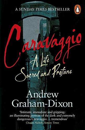 "Book cover with 'Caravaggio' in red, author's name, and dark background with faint image."