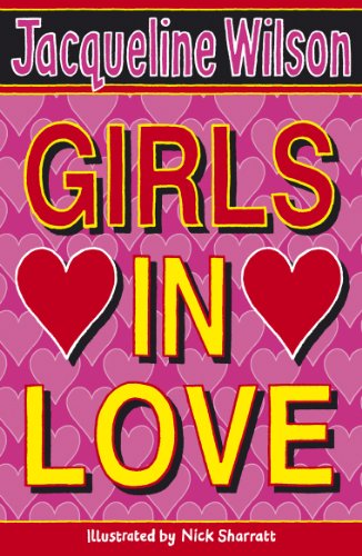 "Book cover with 'Girls in Love' title surrounded by hearts on a black background."