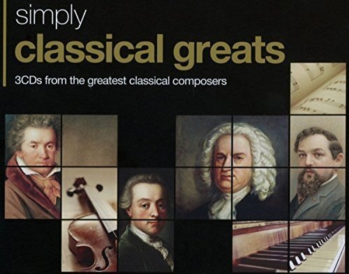 "CD cover with portraits of classical composers and musical elements on a black background."