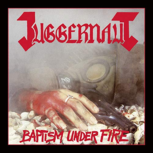 "Album cover with a hand wearing a gas mask, surrounded by debris and blood."
