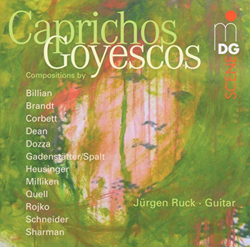 "CD cover with abstract green and pink background, white and green text, featuring 'Caprichos Goyescas'."