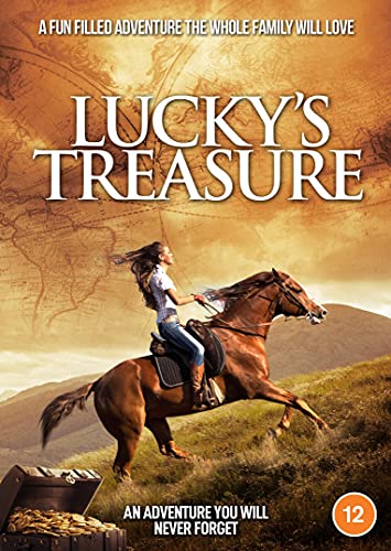 "Lucky's Treasure DVD cover featuring a girl riding a horse near a treasure chest."