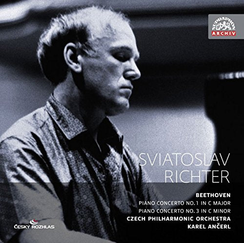 Black and white CD cover featuring a man, Sviatoslav Richter, with text overlay.