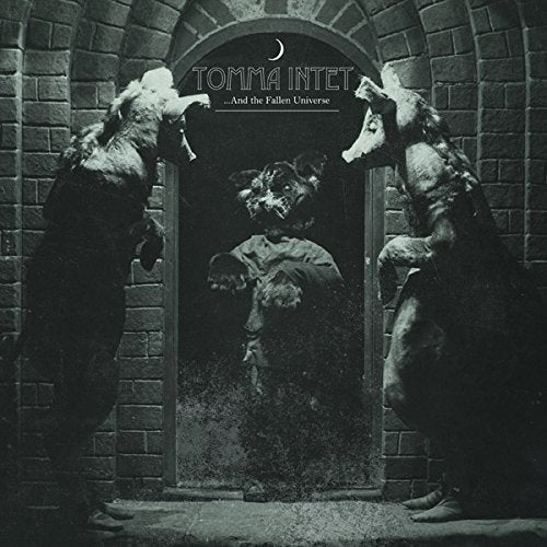 Black-and-white vinyl album cover with creatures and a child in a doorway.
