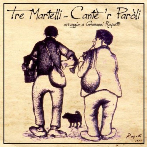 A yellow-toned album cover featuring an illustration of two men and a dog.