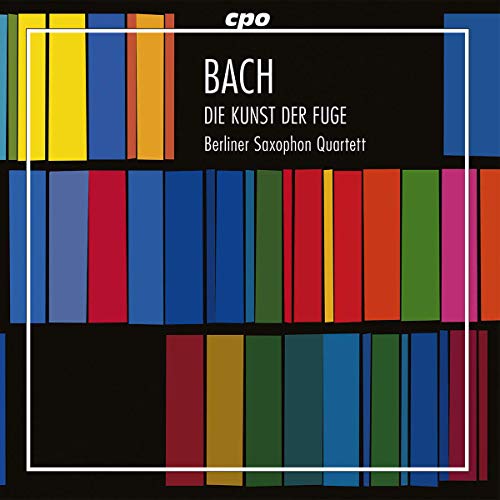 "Album cover with multicolored bars on black background, white text 'Bach Die Kunst der Fuge'."