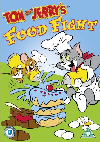 DVD cover featuring Tom and Jerry in a chaotic food fight scene with cake.