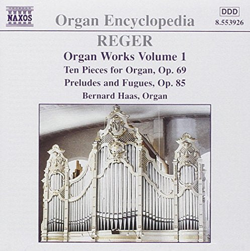 CD cover with ornate organ pipes and title "Organ Encyclopedia REGER Organ Works Volume 1".