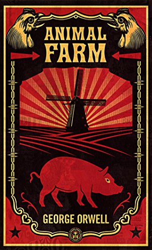"Book cover of 'Animal Farm' by George Orwell, featuring a red pig and windmill."