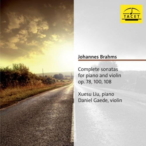 CD cover with a road image and text describing Brahms' violin sonatas.