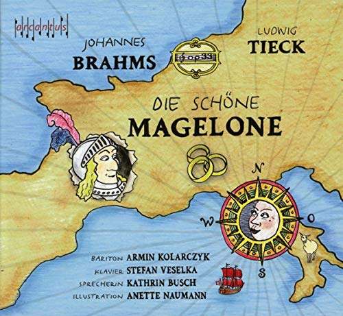 "CD cover featuring a map with cartoon faces and a compass, titled 'Die Schöne Magelone'."