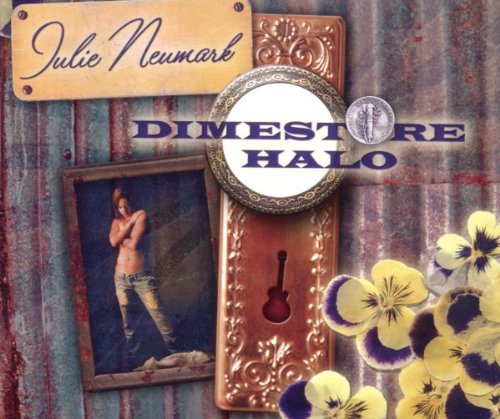 "Album cover featuring a woman, guitar, and flowers on a corrugated metal background."