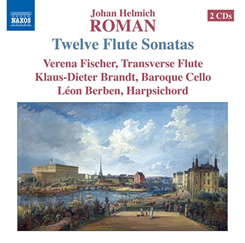 "Album cover with classical painting of a cityscape and river, white background, red and blue text."