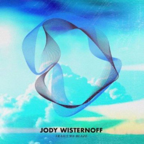 "Album cover with blue ribbon-like shape against a cloudy sky background, artist and title text."