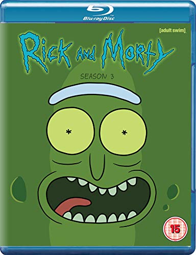 "Blu-ray case for Rick and Morty Season 3 with cartoon character on green background."