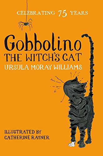 "Book cover featuring a black cat on an orange background with title 'Gobbolino the Witch's Cat'."