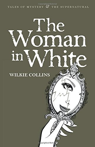 Book cover with title "The Woman in White" and illustration of a cracked mirror.