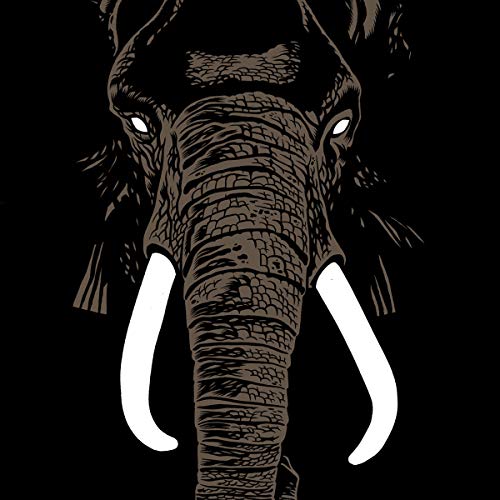 The image is a brown-toned illustration of an elephant's head with white tusks on a black background. An appropriate alt text could be: "Illustration of an elephant's head with large white tusks against a black background."