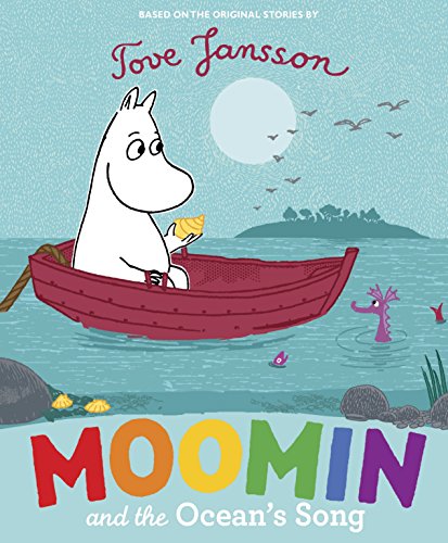 "Book cover featuring Moomin in a red boat on a serene ocean at night."