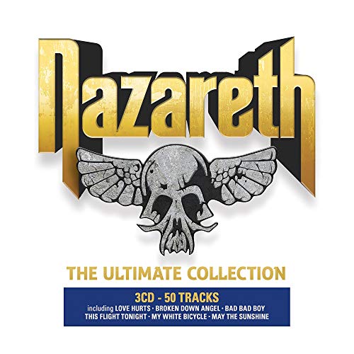 The image is a CD cover for Nazareth's "The Ultimate Collection". Here is a concise description of the image in the required 15-word limit: "Gold 'Nazareth' logo on white background with skull and wings, 3CD collection details below."