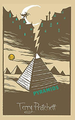 "Book cover art: brown background with pyramid, flying figure, and 'Pyramids' by Terry Pratchett."