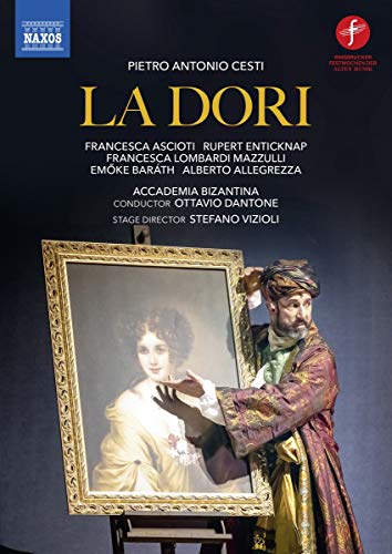 A man in 17th-century attire holds a framed portrait of a woman.