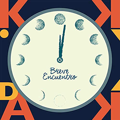 "Vinyl record cover with a clock face and moon phases on a dark background."