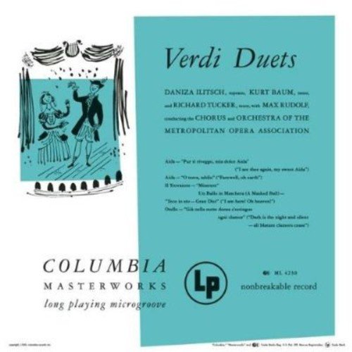 "Vintage vinyl record cover with teal and white design, featuring opera singers illustration."