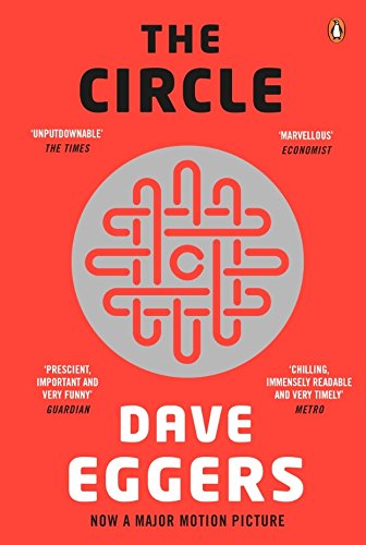 Red book cover with "THE CIRCLE" in black, maze-like design, and author's name.