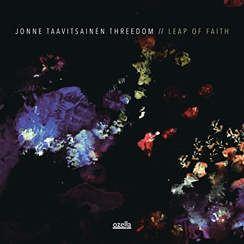The alt text for the image is: "Album cover with abstract colorful shapes on a black background."