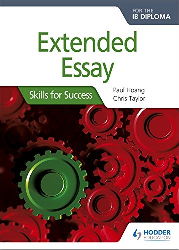 The image shows a book cover. Alt text: Book cover with green and red gears and "Extended Essay" title.