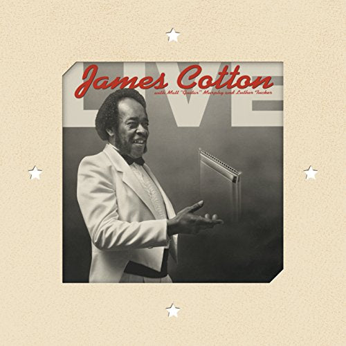 "CD cover featuring James Cotton playing harmonica, surrounded by stars on a beige background."