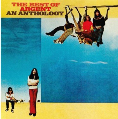 "Album cover with people on a swing and standing on yellow ground against blue sky."